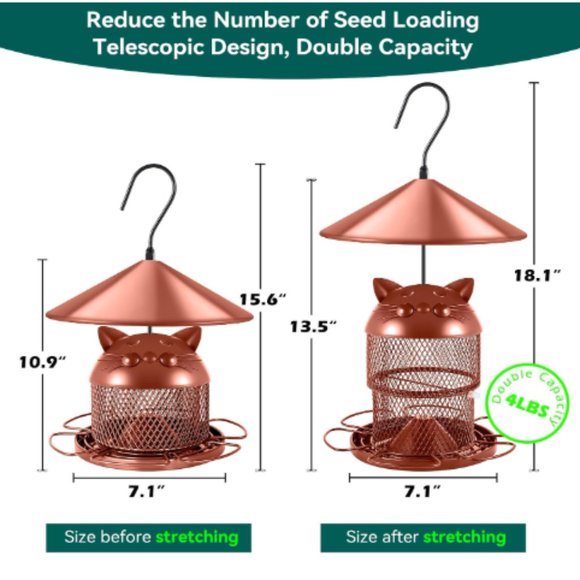 Retractable - Telescopic Metal Bird Feeder w/ Cute Cat-Face Cover - Picture 3 of 10